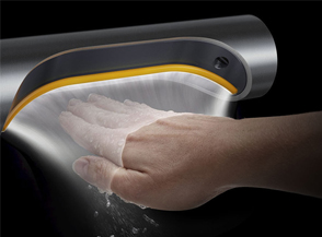 Secador de manos Dyson Airblade 9kJ mostrando cómo el aire es impulsado a lo largo de la superficie de la mano.